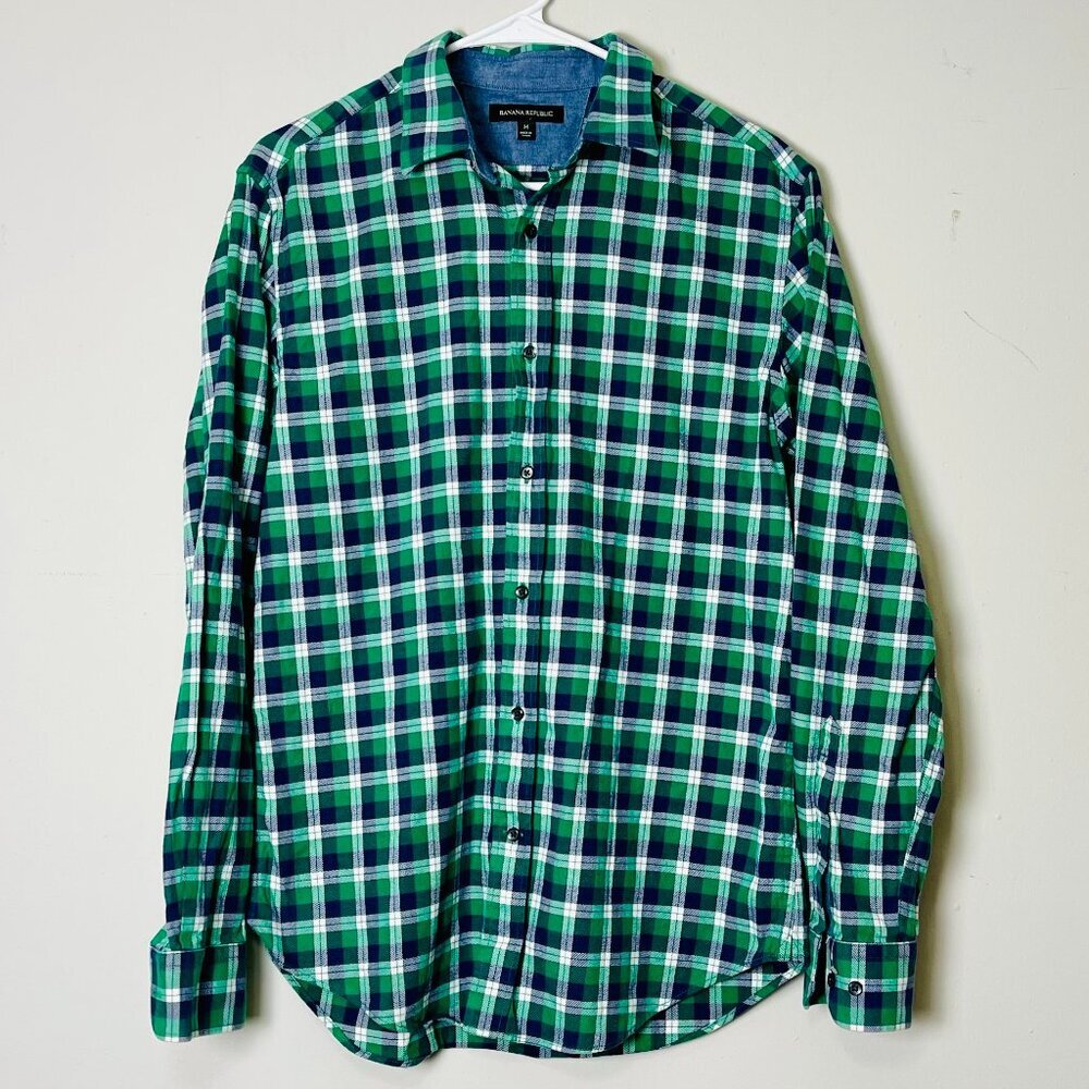 Banana Republic Flannel Shirt Men's Medium Green Plaid Long Sleeve Button Down